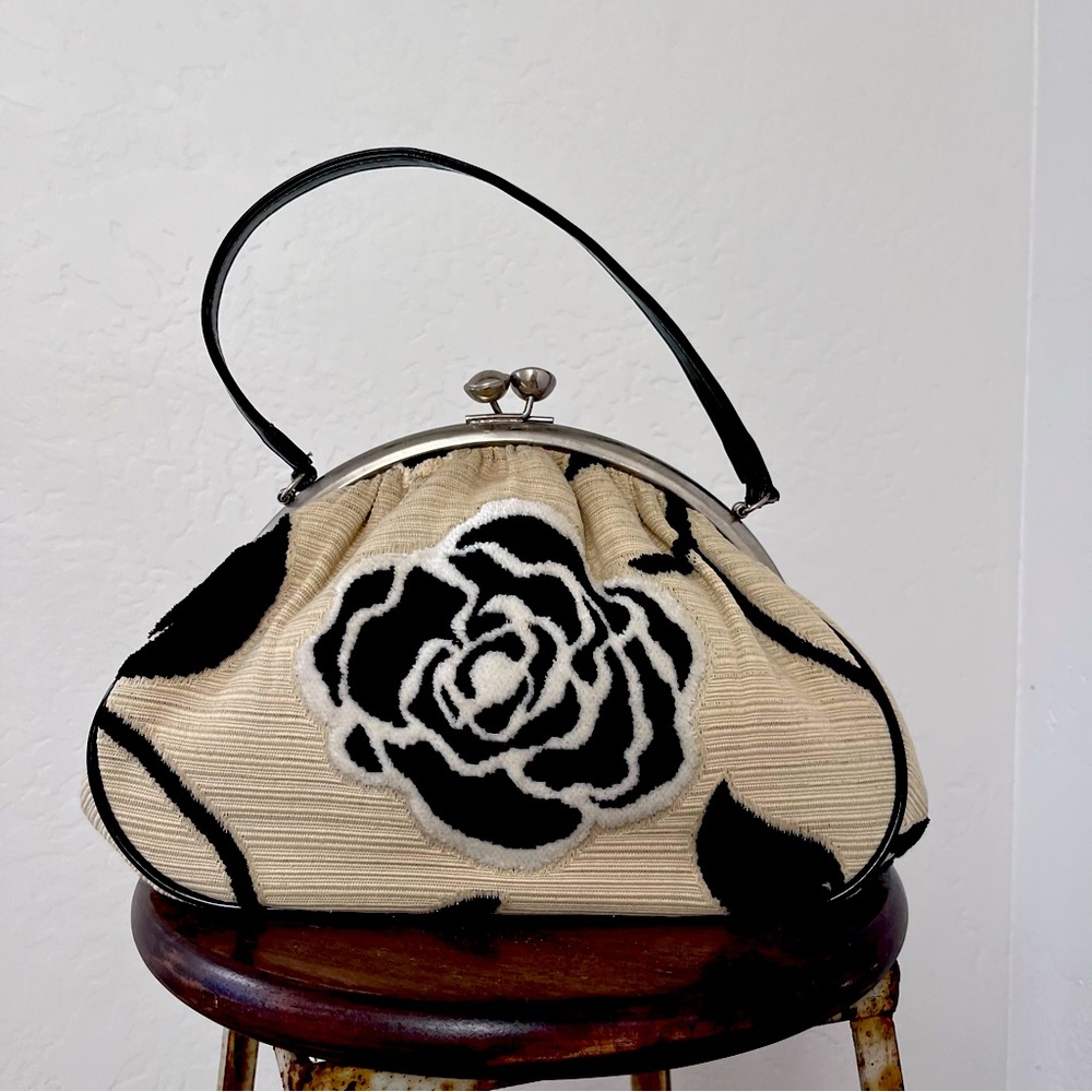 Glenda Gies Vintage Handbag Black & Tan Tapestry EUC